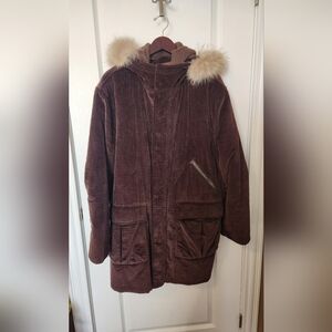 READ AD Brown Corduroy Thermal Insulated Parka with Fur  Trim Size Large